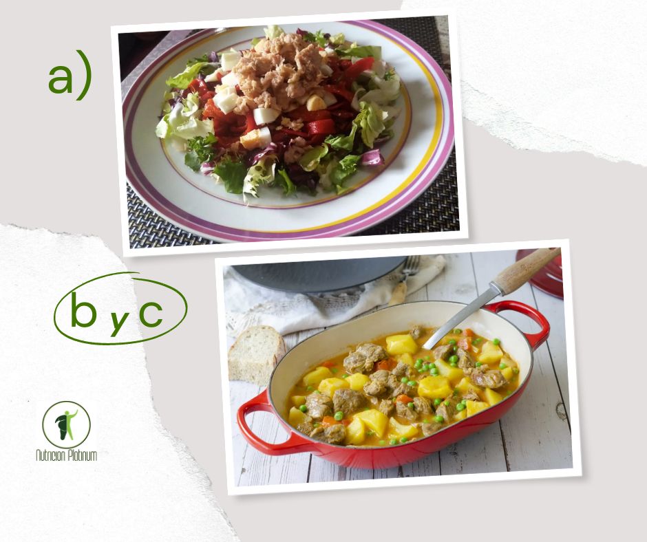 Ensalada de pimientos asados atún y huevo con estofado de ternera con patatas y verduras